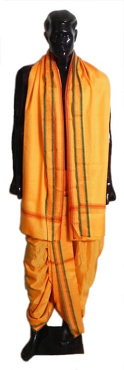 Pajama Type Saffron Dhoti and Angavastra with White Borderfor Performing Puja
